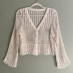 Crochet Open Knit Crop Cardigan Bell Sleeve Cream Boho Cottage Festival Art-S